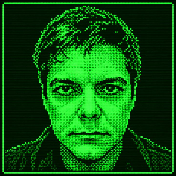 Retrato de Nikiforos em pontos luminosos verdes